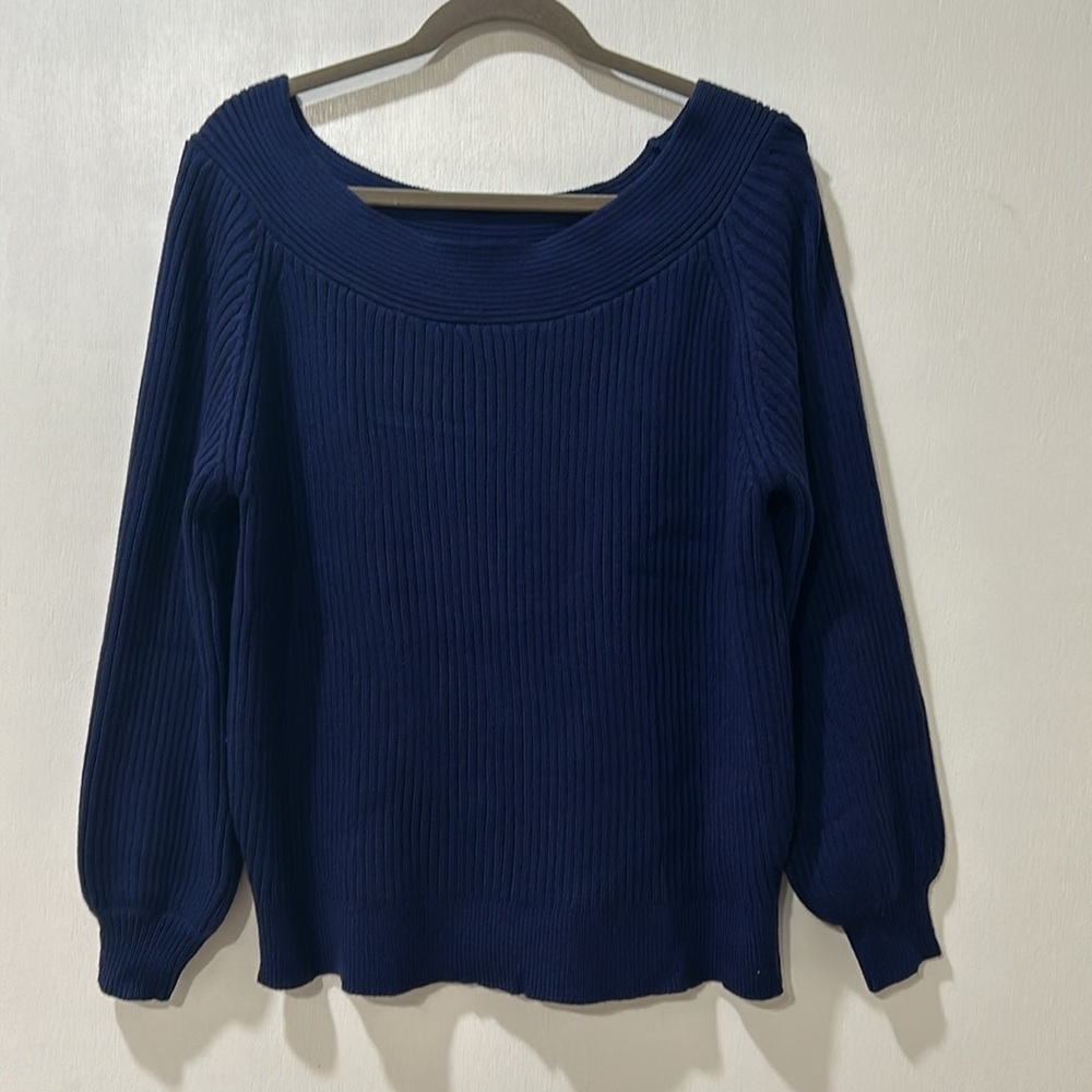 KIRUNDO WOMENS OFF SHOULDER RIBBED SWEATER BLUE SIZE LG NEW